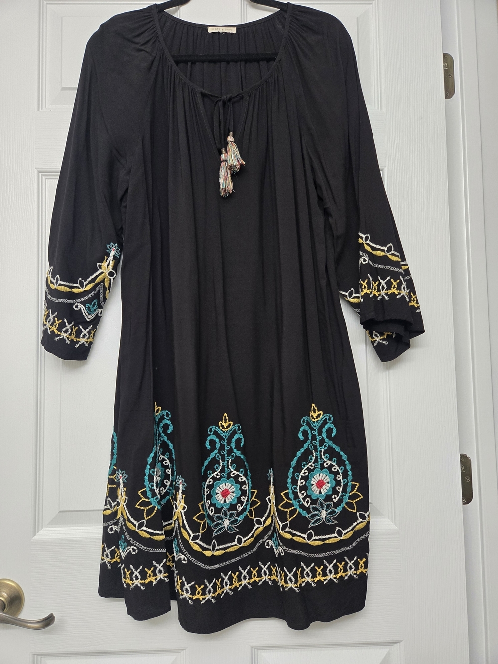Embroidered Black Mini Dress with Teal & Gold Accents